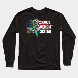 Autism Awareness T-Shirt Pround Autism Sister Vintage USA Flag Gift Long Sleeve T-Shirt